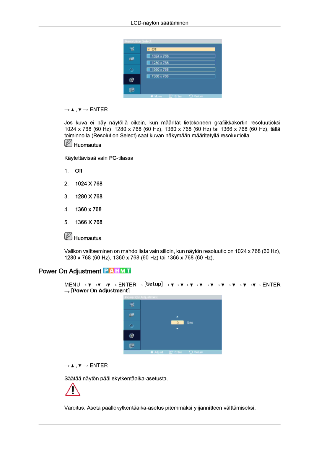 Samsung LH32MGULBC/EN, LH32MGQLBC/EN manual Power On Adjustment, Off 1024 X 1280 X 1360 x 1366 X Huomautus 