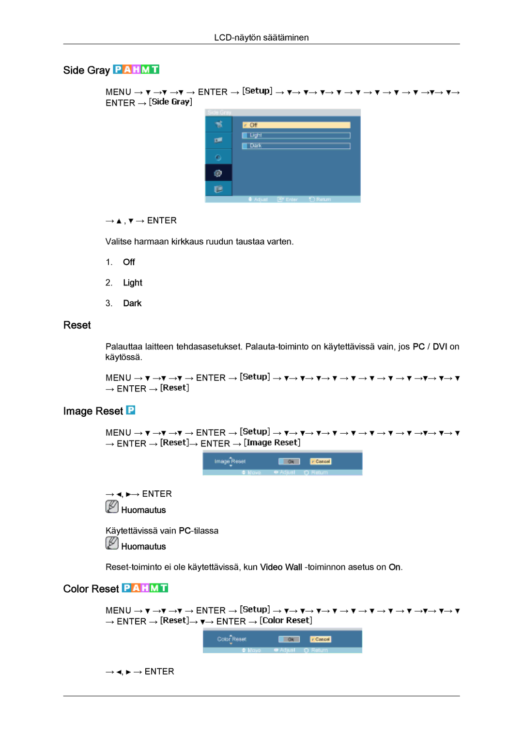 Samsung LH32MGQLBC/EN, LH32MGULBC/EN manual Side Gray, Image Reset, Color Reset, Off Light Dark 