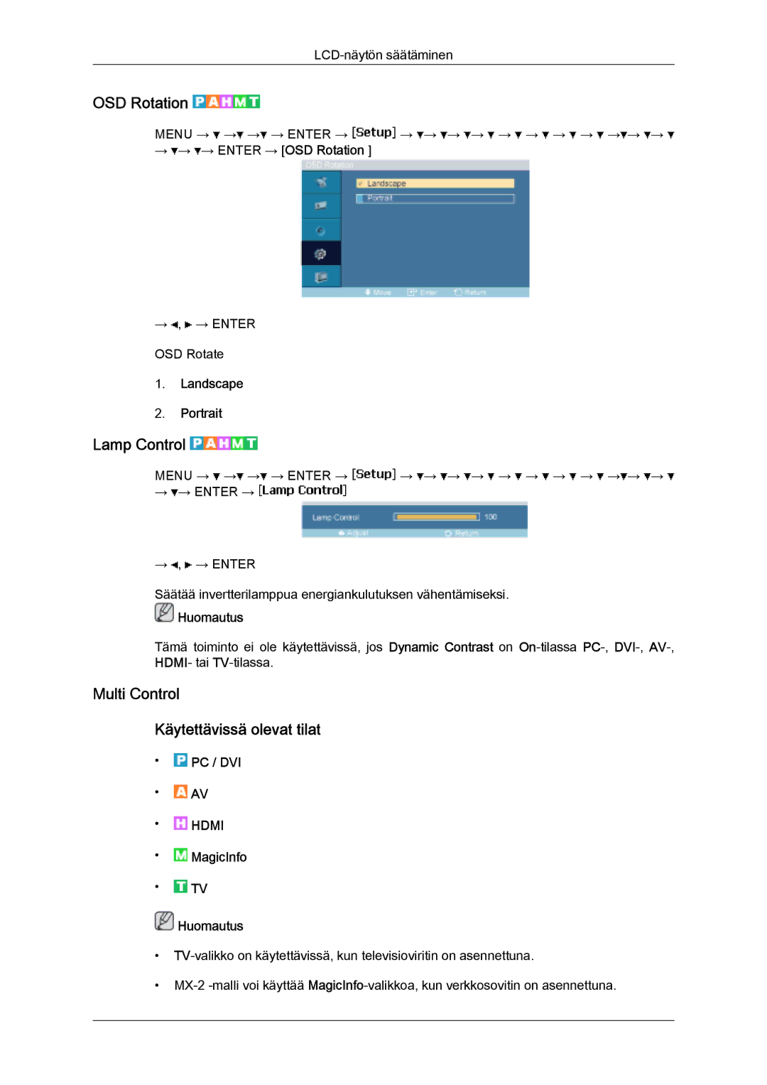 Samsung LH32MGULBC/EN manual OSD Rotation, Lamp Control, Multi Control Käytettävissä olevat tilat, Landscape Portrait 