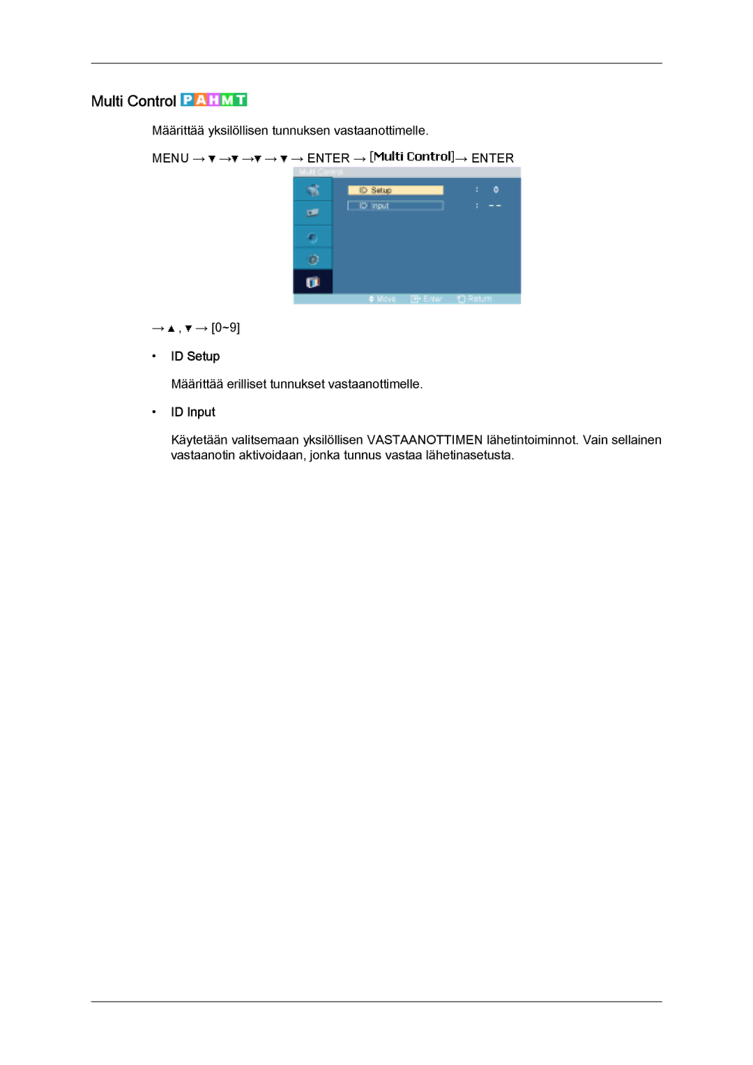 Samsung LH32MGQLBC/EN, LH32MGULBC/EN manual Multi Control, ID Setup, ID Input 