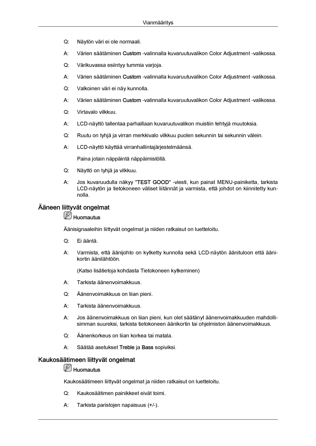 Samsung LH32MGQLBC/EN, LH32MGULBC/EN manual Ääneen liittyvät ongelmat, Kaukosäätimeen liittyvät ongelmat 