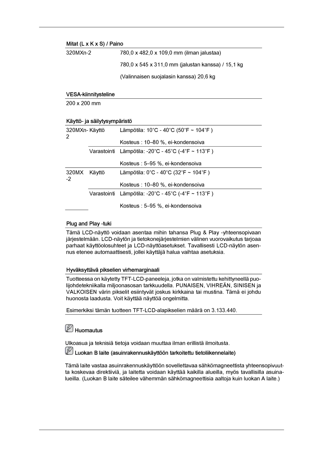 Samsung LH32MGQLBC/EN, LH32MGULBC/EN manual VESA-kiinnitysteline, Käyttö- ja säilytysympäristö, Plug and Play -tuki 