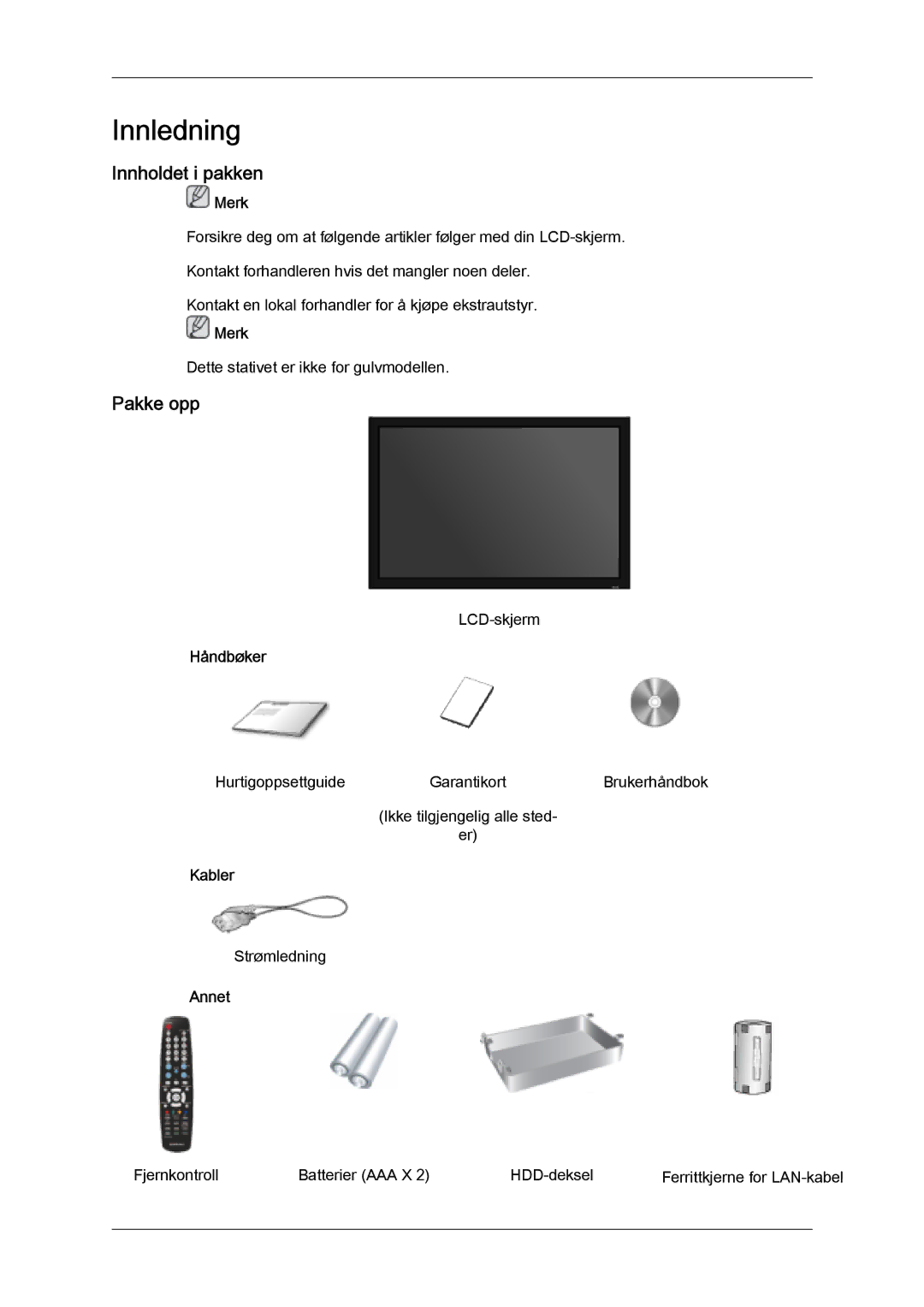 Samsung LH32MGULBC/EN, LH32MGQLBC/EN manual Innholdet i pakken, Pakke opp, Håndbøker, Kabler, Annet 