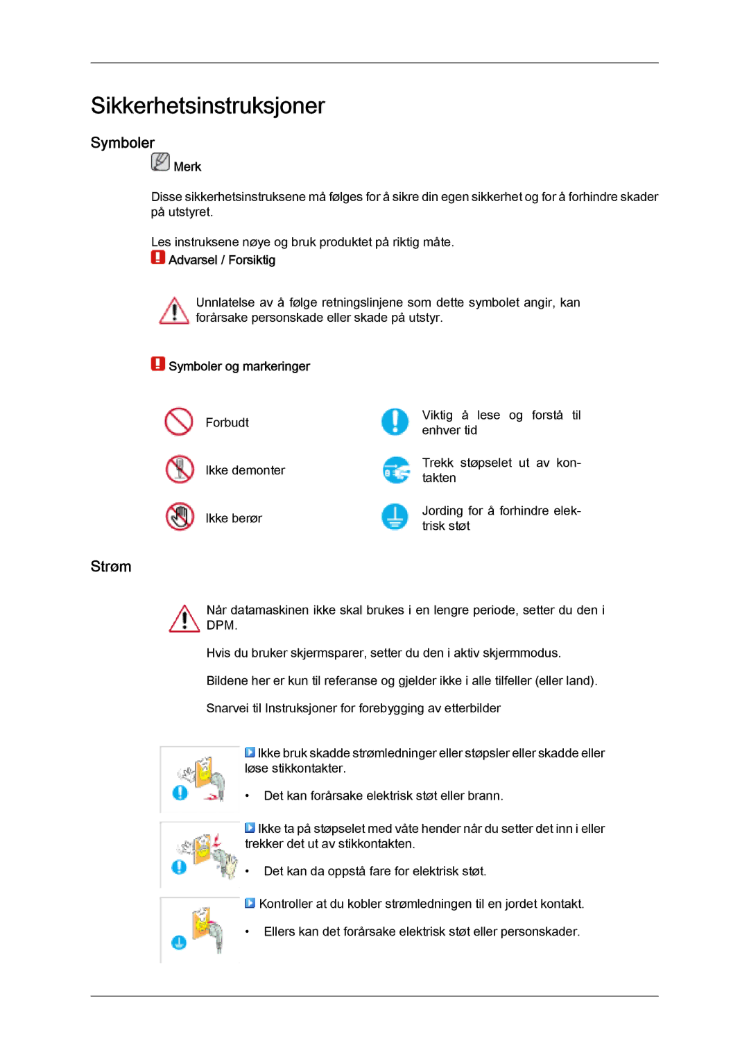 Samsung LH32MGULBC/EN, LH32MGQLBC/EN manual Strøm, Merk, Symboler og markeringer 