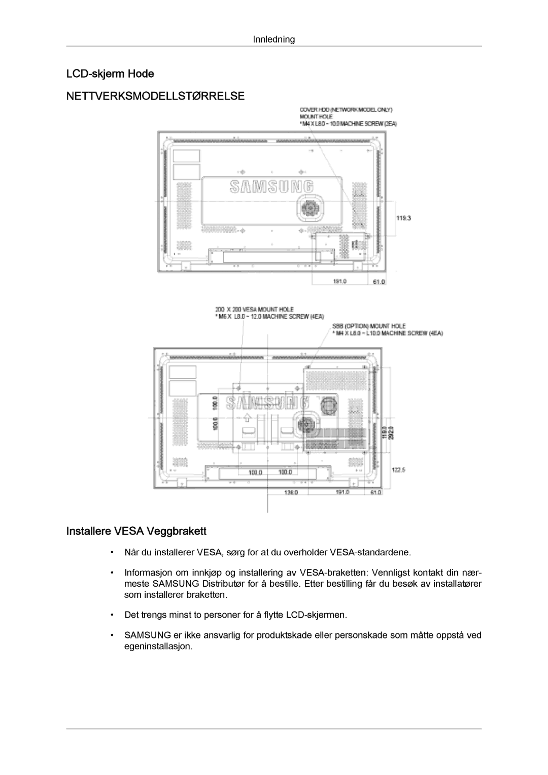 Samsung LH32MGULBC/EN, LH32MGQLBC/EN manual LCD-skjerm Hode, Installere Vesa Veggbrakett 