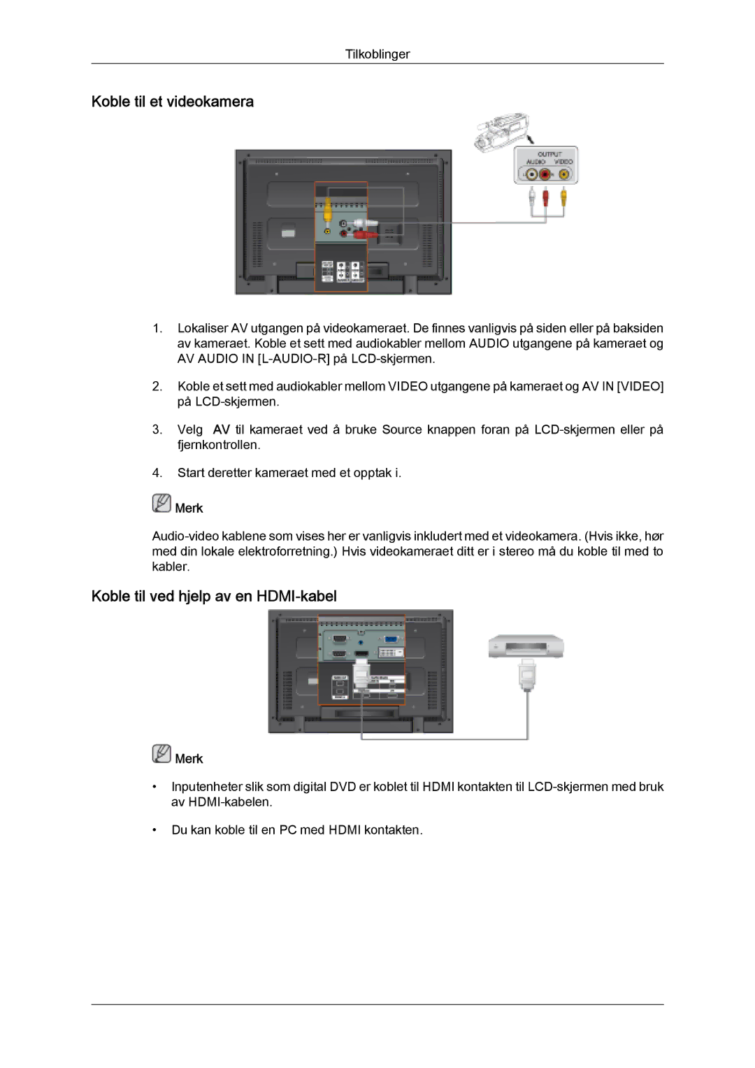 Samsung LH32MGULBC/EN, LH32MGQLBC/EN manual Koble til et videokamera, Koble til ved hjelp av en HDMI-kabel 