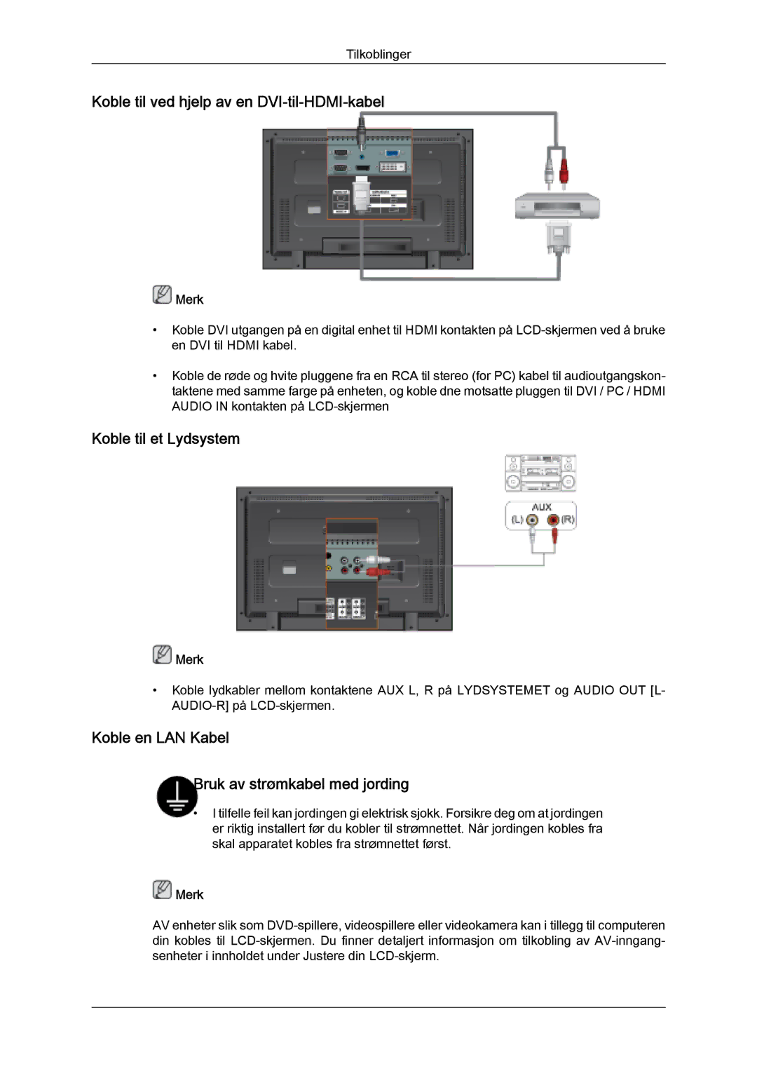 Samsung LH32MGQLBC/EN, LH32MGULBC/EN manual Koble til ved hjelp av en DVI-til-HDMI-kabel, Koble til et Lydsystem 