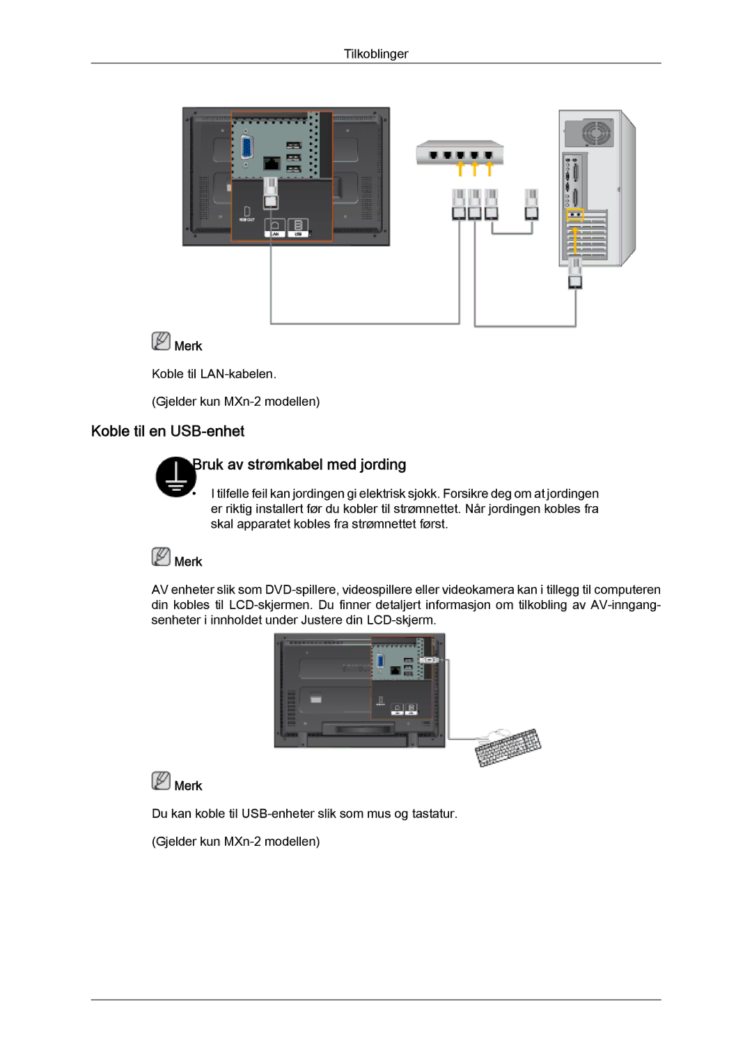 Samsung LH32MGULBC/EN, LH32MGQLBC/EN manual Koble til en USB-enhet Bruk av strømkabel med jording 