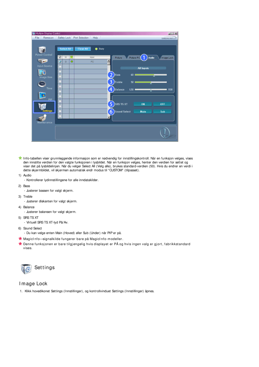 Samsung LH32MGQLBC/EN, LH32MGULBC/EN manual Settings Image Lock, Srs Ts Xt 