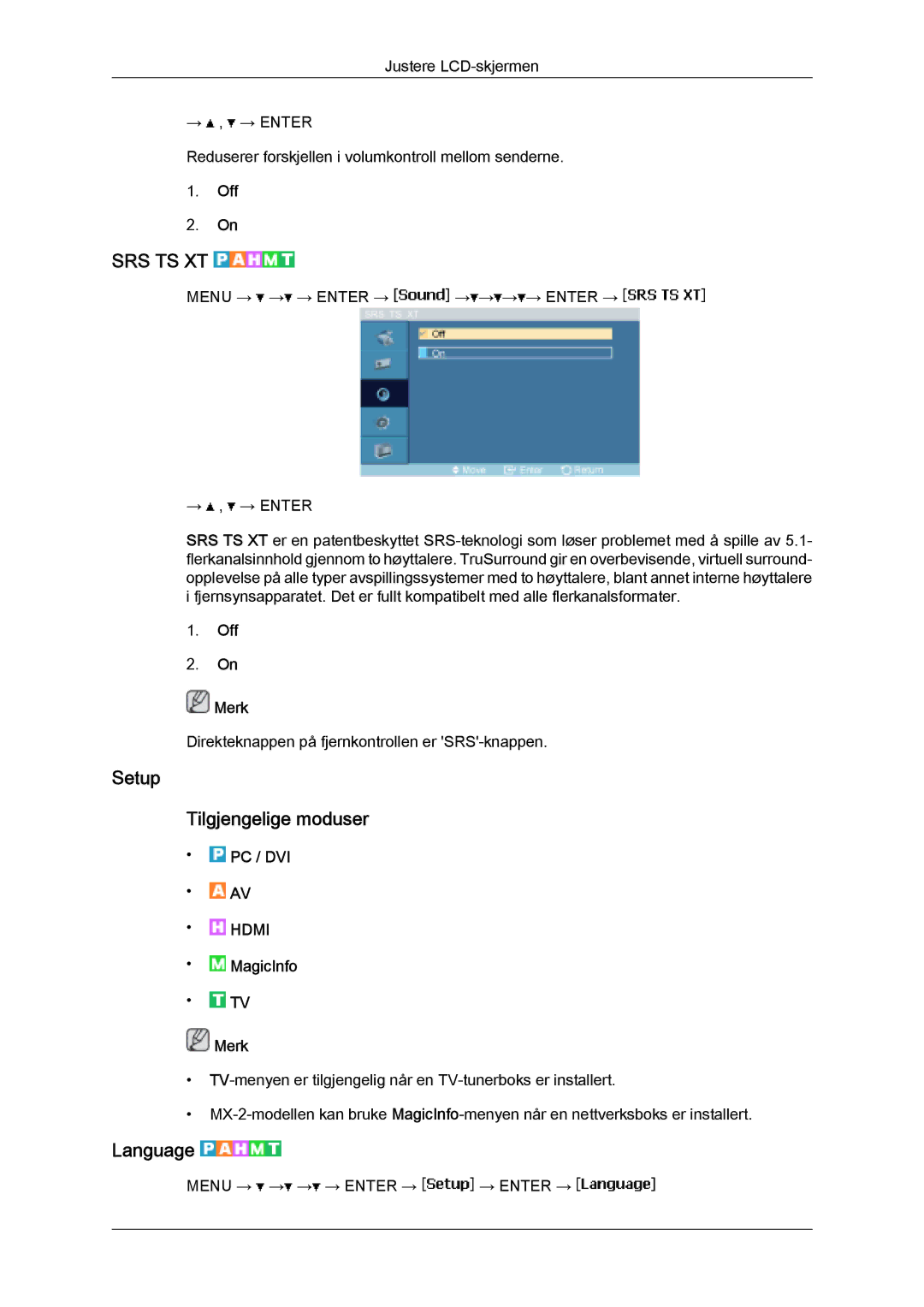 Samsung LH32MGULBC/EN, LH32MGQLBC/EN manual Setup Tilgjengelige moduser, Language, Off Merk 