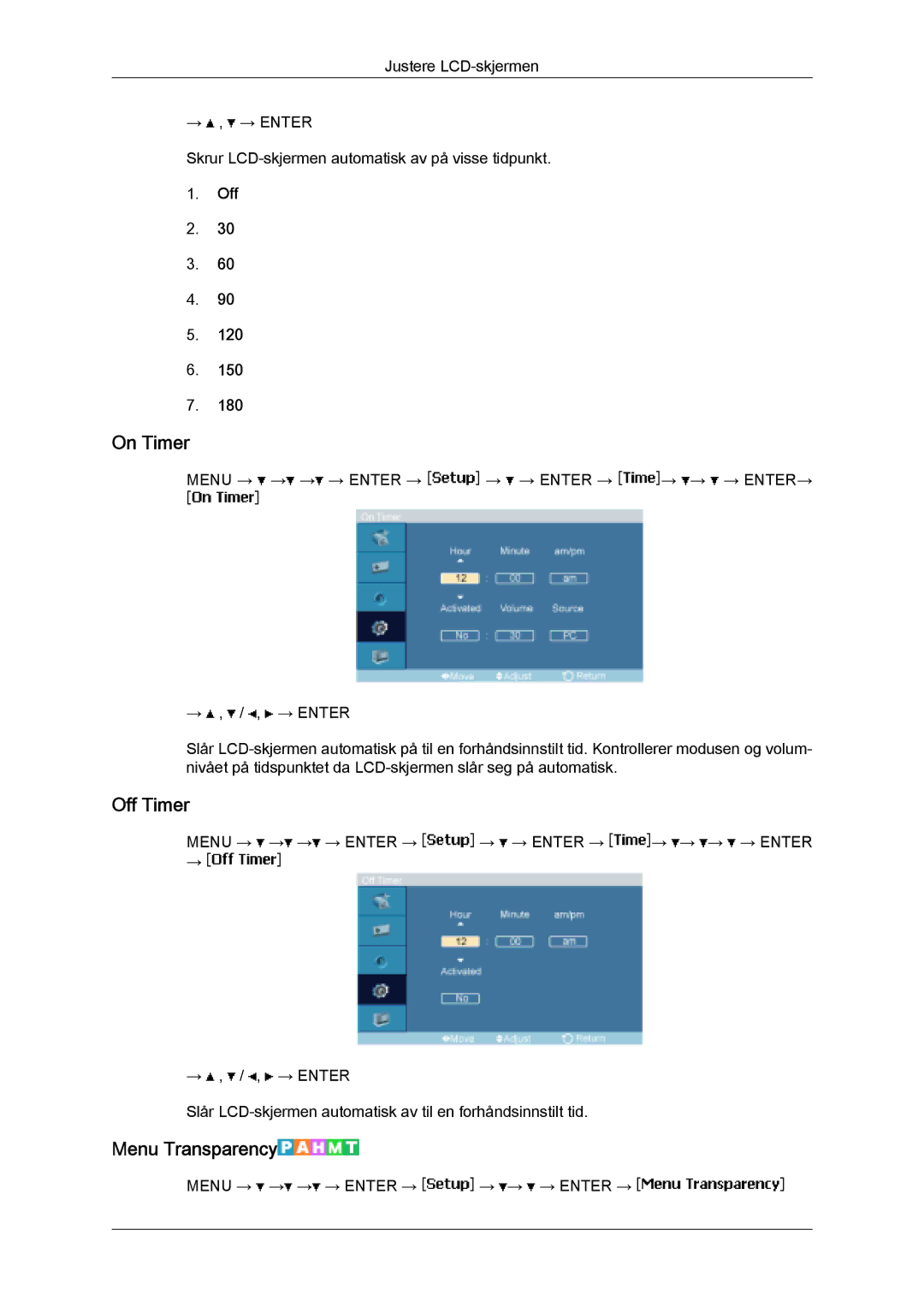 Samsung LH32MGULBC/EN, LH32MGQLBC/EN manual On Timer, Off Timer, Menu Transparency 