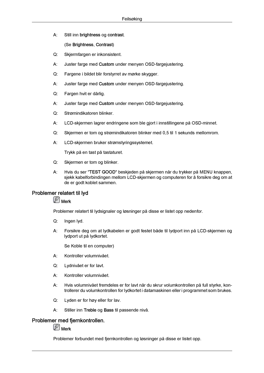 Samsung LH32MGULBC/EN, LH32MGQLBC/EN manual Problemer relatert til lyd, Problemer med fjernkontrollen 