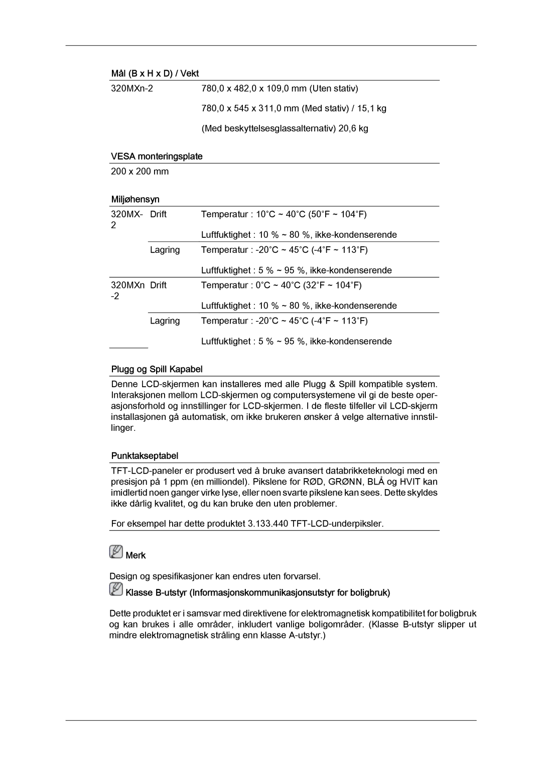 Samsung LH32MGULBC/EN, LH32MGQLBC/EN manual Vesa monteringsplate, Miljøhensyn, Plugg og Spill Kapabel, Punktakseptabel 