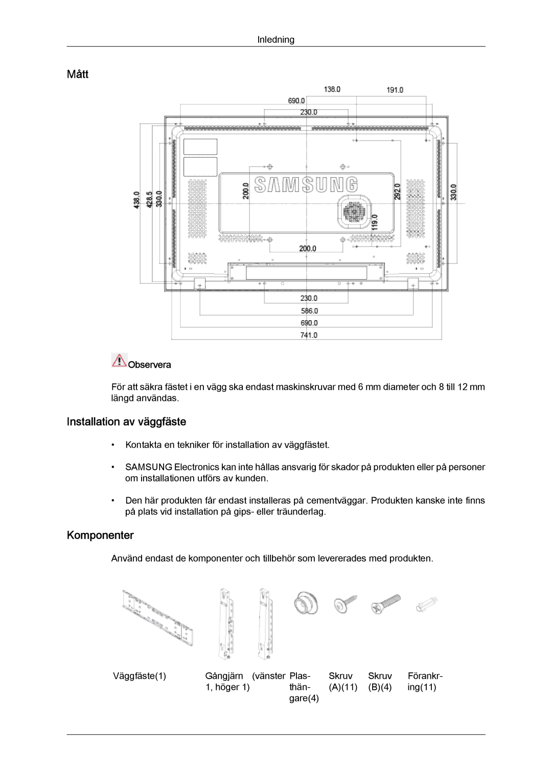 Samsung LH32MGQLBC/EN, LH32MGULBC/EN manual Mått, Installation av väggfäste, Komponenter, Observera 