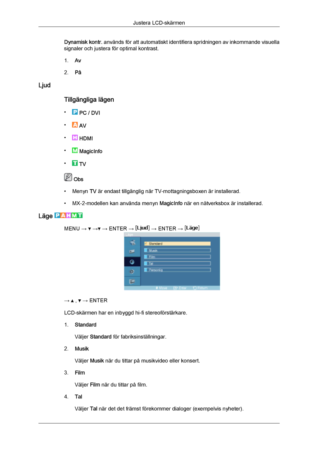 Samsung LH32MGULBC/EN, LH32MGQLBC/EN manual Ljud Tillgängliga lägen, Musik, Tal 