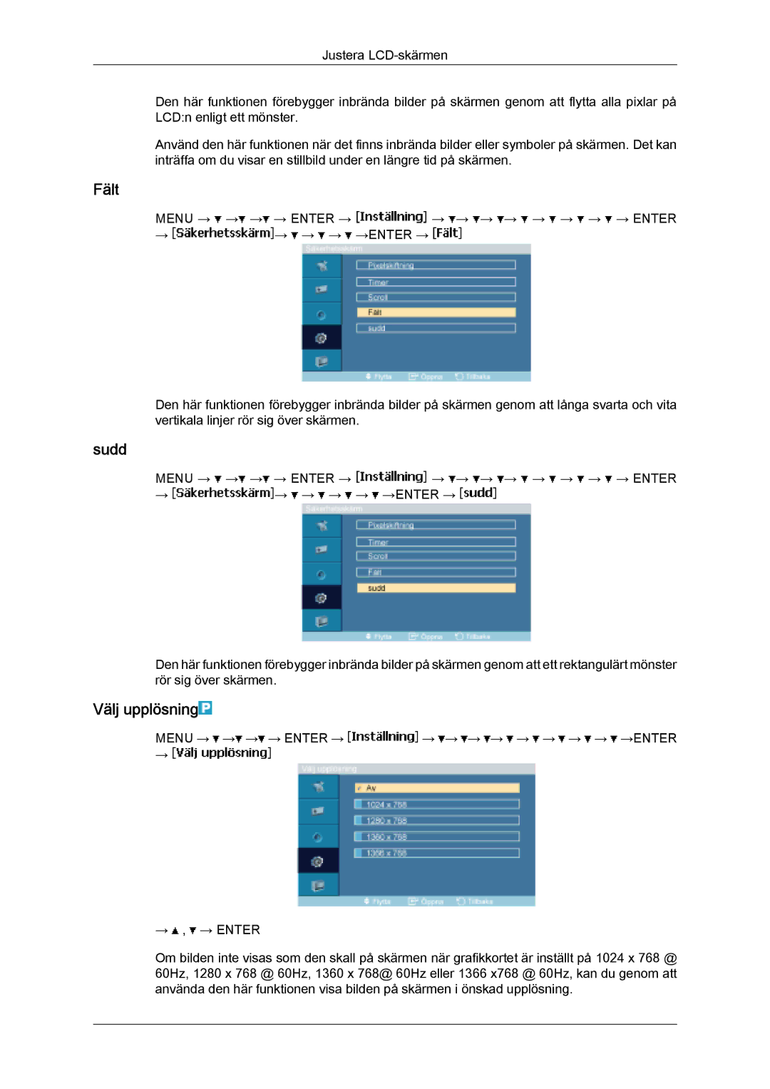 Samsung LH32MGULBC/EN, LH32MGQLBC/EN manual Fält, Sudd, Välj upplösning 