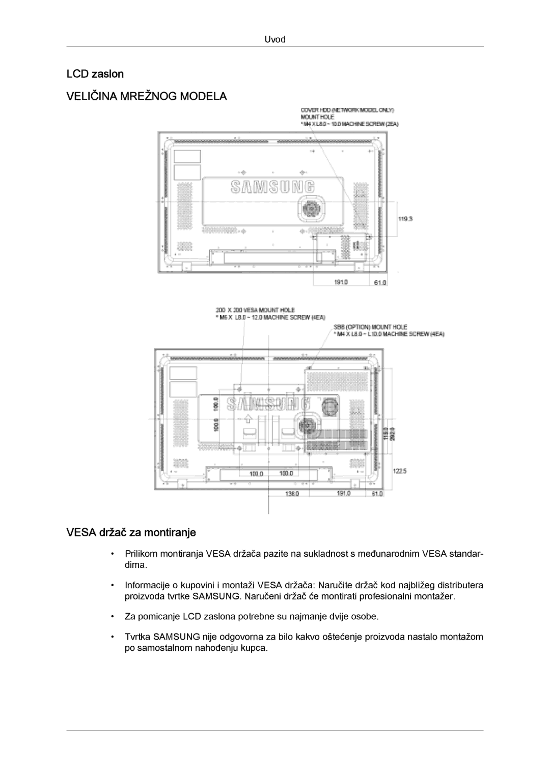 Samsung LH32MGQLBC/EN, LH32MGULBC/EN manual LCD zaslon, Vesa držač za montiranje 