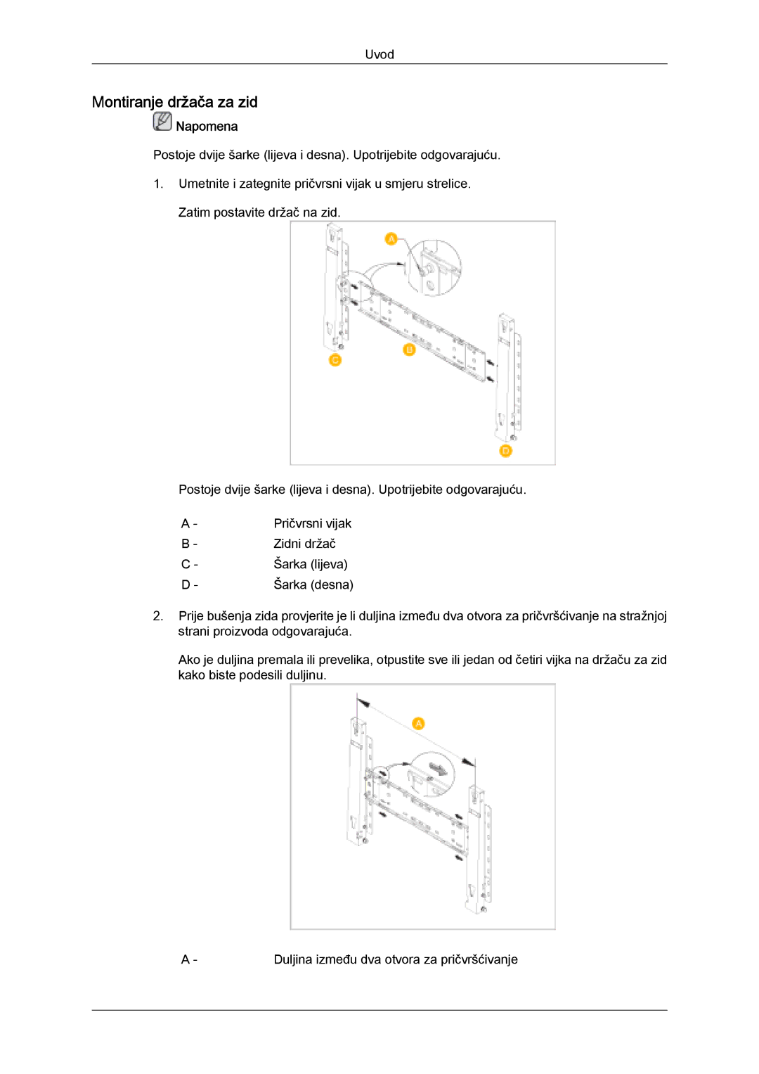 Samsung LH32MGQLBC/EN, LH32MGULBC/EN manual Montiranje držača za zid, Napomena 