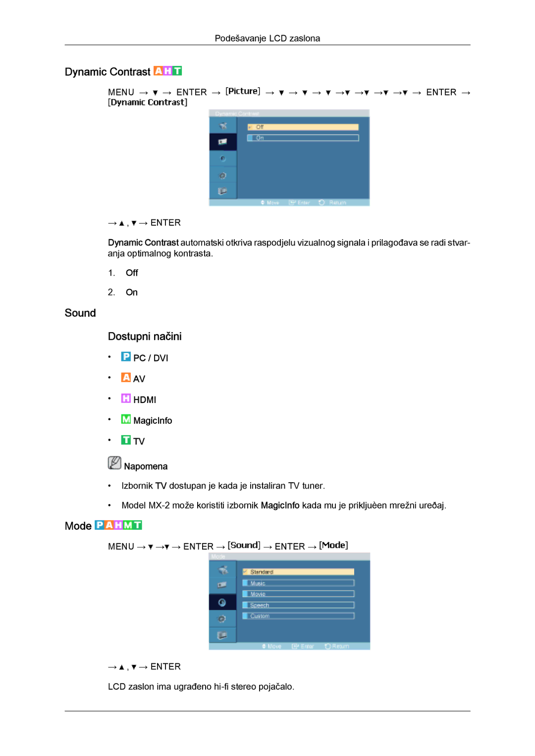 Samsung LH32MGQLBC/EN, LH32MGULBC/EN manual Dynamic Contrast, Sound Dostupni načini 