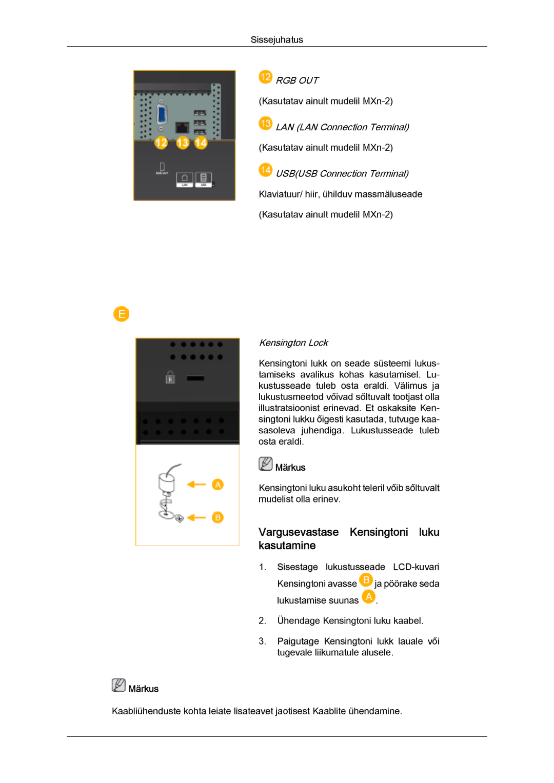 Samsung LH32MGULBC/EN manual Vargusevastase Kensingtoni luku kasutamine, Rgb Out 