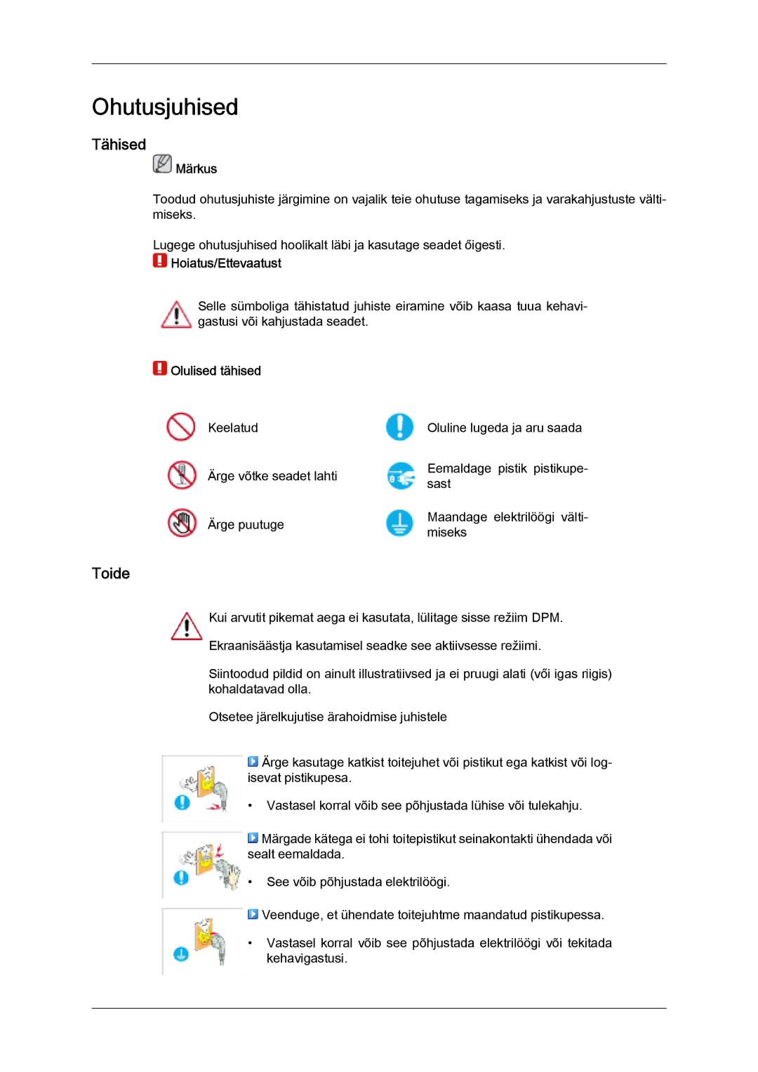 Samsung LH32MGULBC/EN manual Tähised, Toide, Märkus, Hoiatus/Ettevaatust, Olulised tähised 