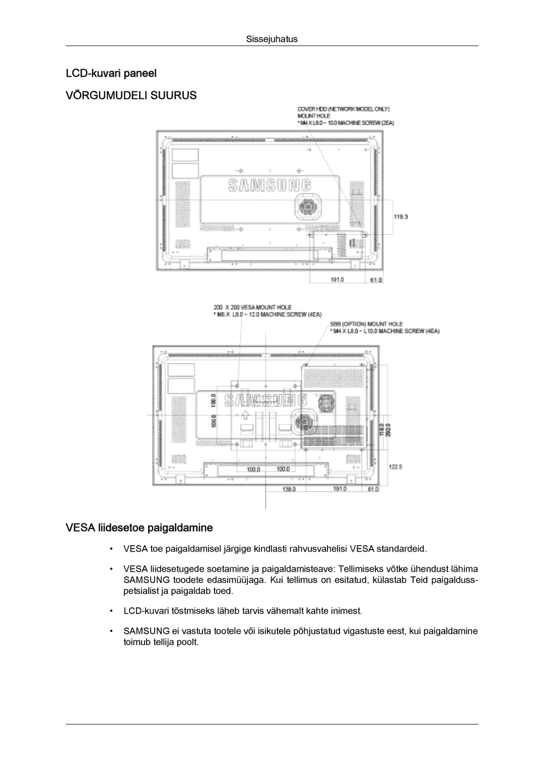 Samsung LH32MGULBC/EN manual LCD-kuvari paneel, Vesa liidesetoe paigaldamine 