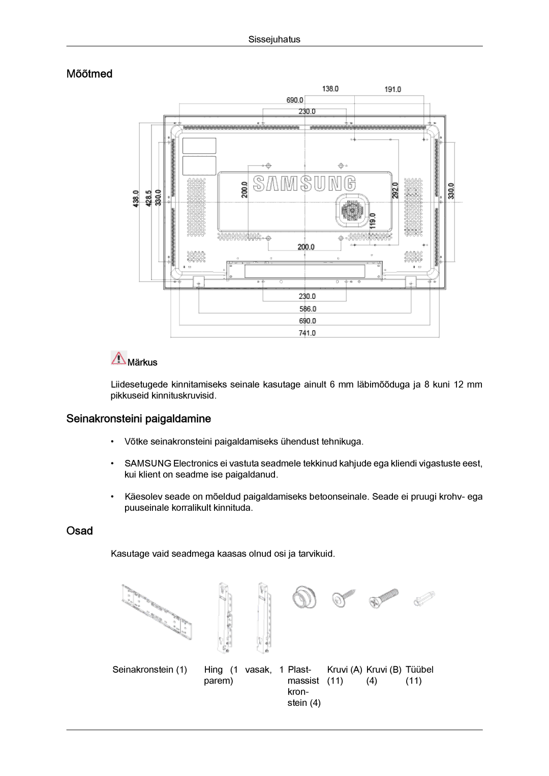 Samsung LH32MGULBC/EN manual Mõõtmed, Seinakronsteini paigaldamine, Osad 