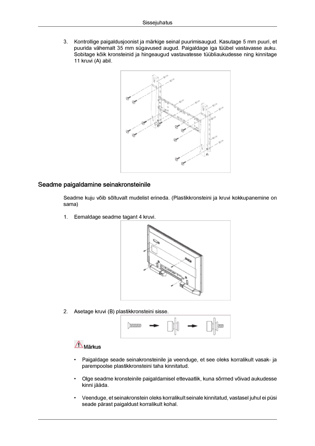 Samsung LH32MGULBC/EN manual Seadme paigaldamine seinakronsteinile 