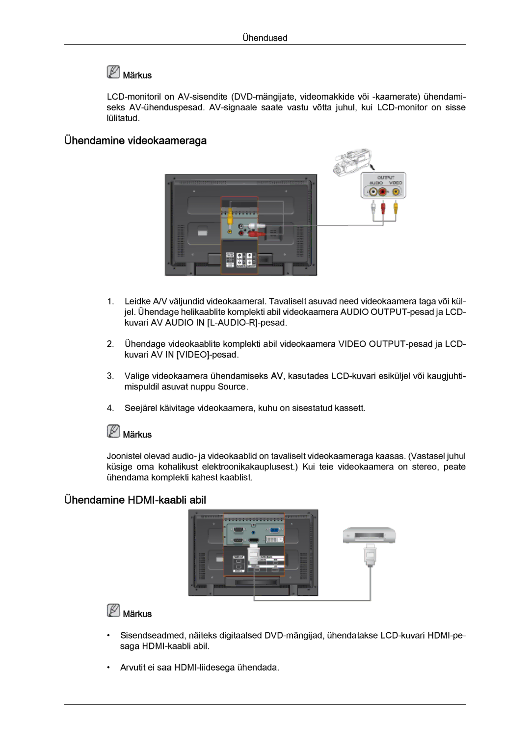 Samsung LH32MGULBC/EN manual Ühendamine videokaameraga, Ühendamine HDMI-kaabli abil 