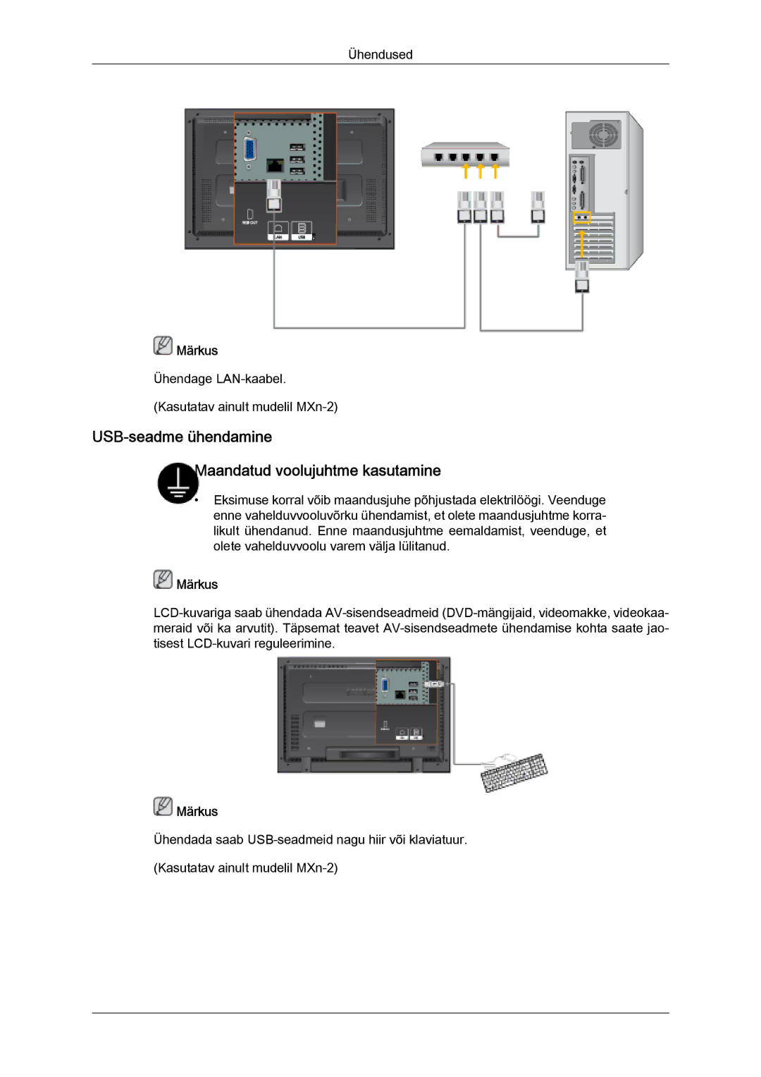 Samsung LH32MGULBC/EN manual USB-seadme ühendamine Maandatud voolujuhtme kasutamine 