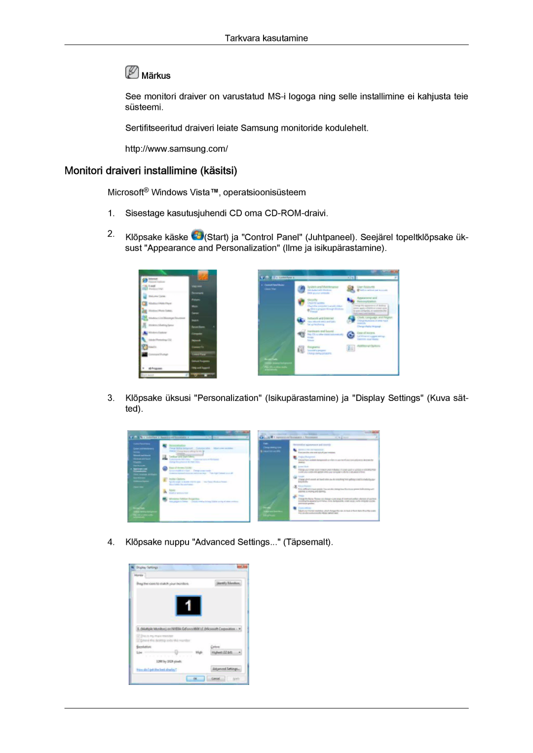 Samsung LH32MGULBC/EN manual Monitori draiveri installimine käsitsi 