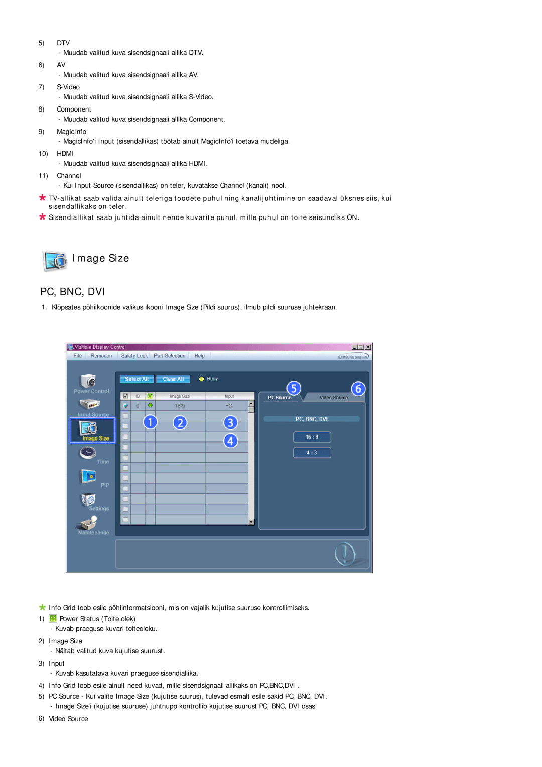 Samsung LH32MGULBC/EN manual Image Size, Pc, Bnc, Dvi 