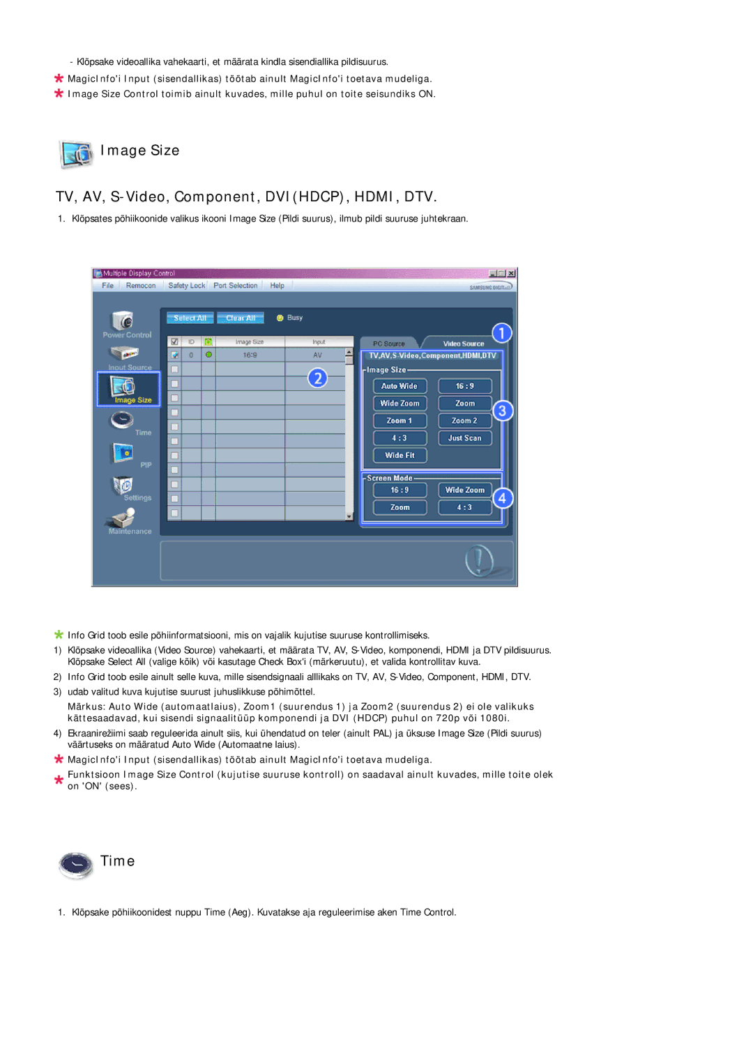 Samsung LH32MGULBC/EN manual Image Size TV, AV, S-Video, Component, DVIHDCP, HDMI, DTV, Time 