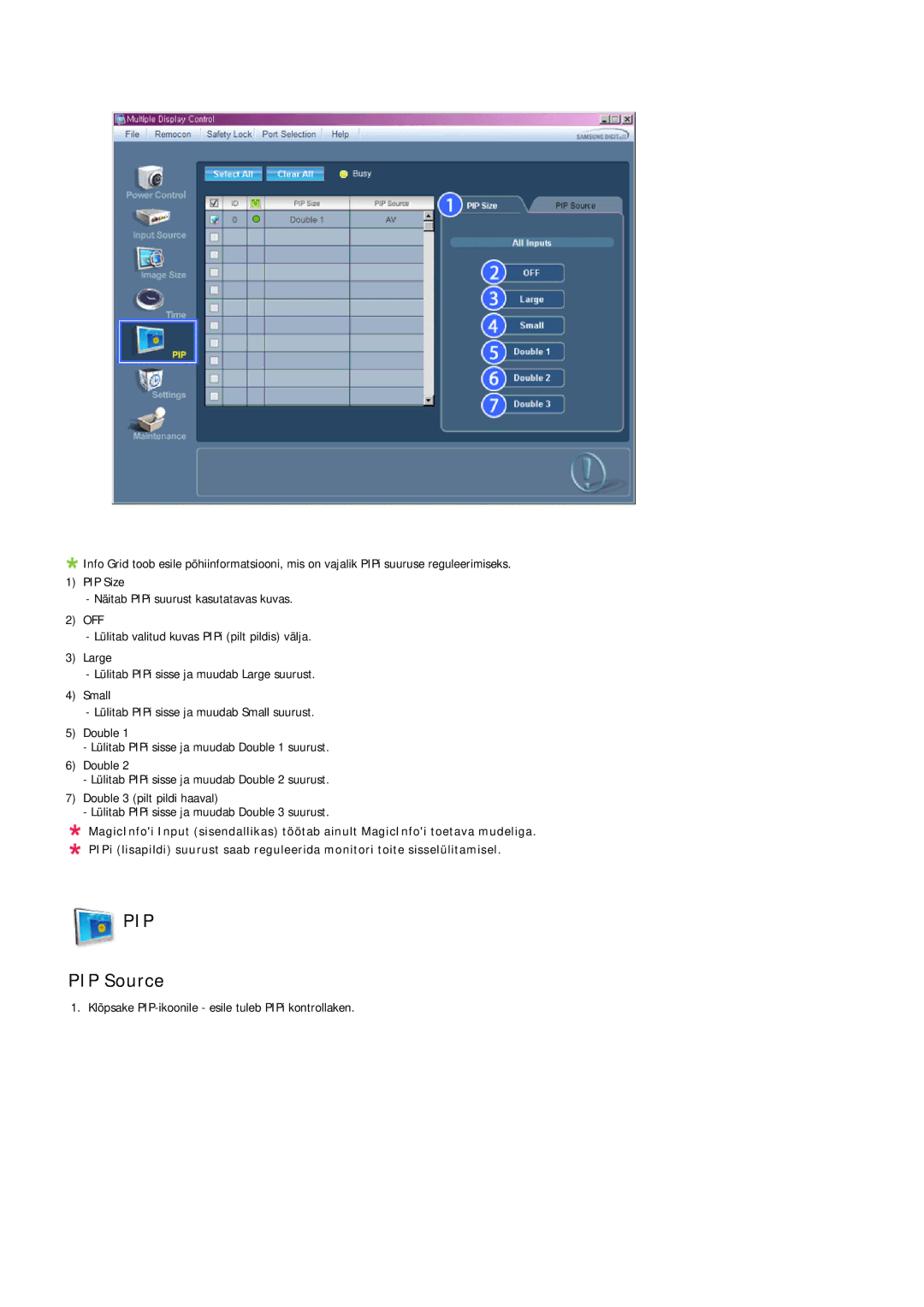 Samsung LH32MGULBC/EN manual PIP Source 