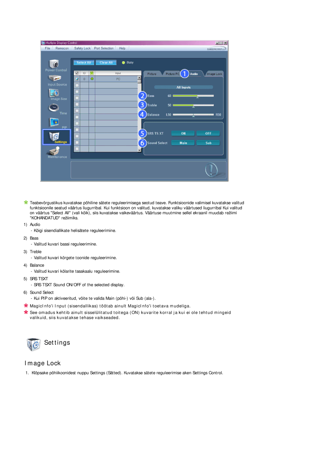 Samsung LH32MGULBC/EN manual Settings Image Lock, SRS Tsxt 