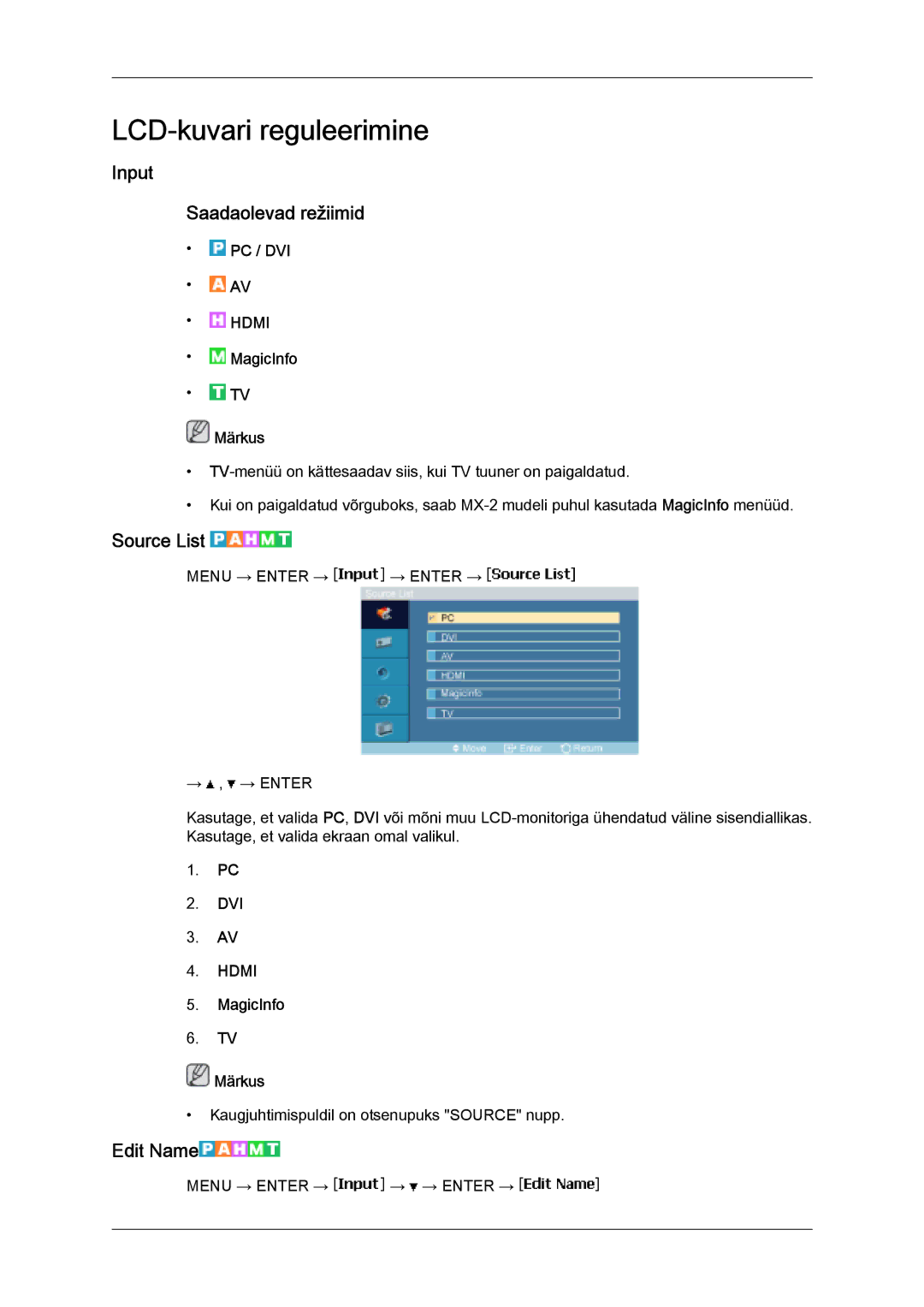 Samsung LH32MGULBC/EN manual Input Saadaolevad režiimid, Source List, Edit Name 