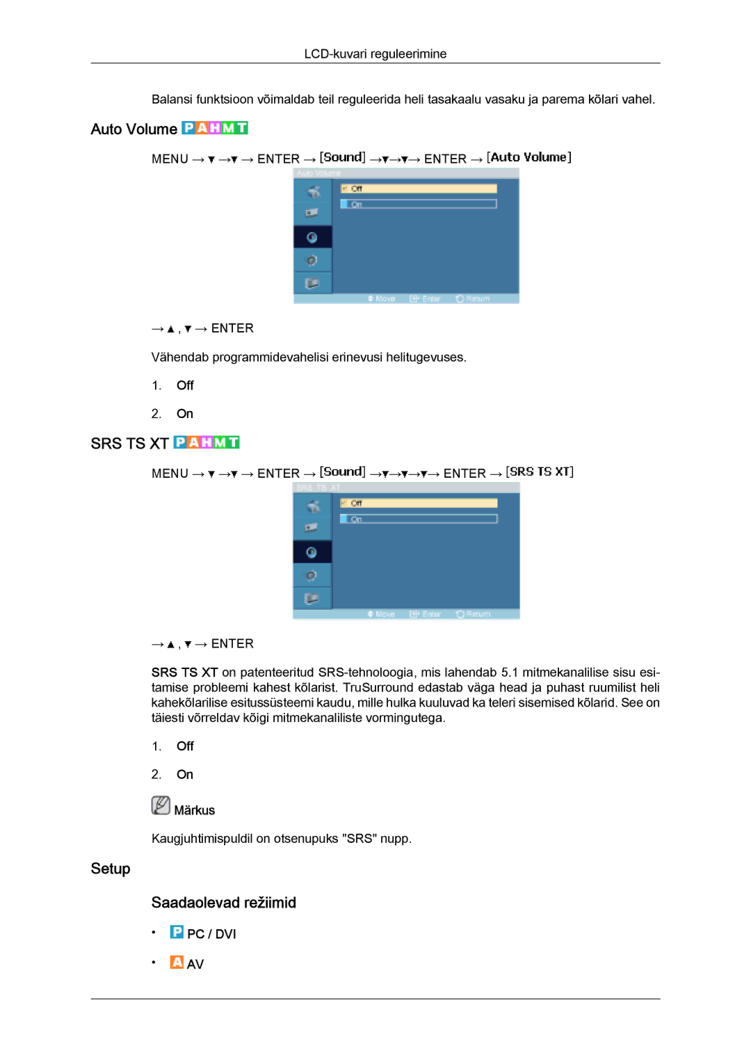 Samsung LH32MGULBC/EN manual Auto Volume, Setup Saadaolevad režiimid, Off Märkus 