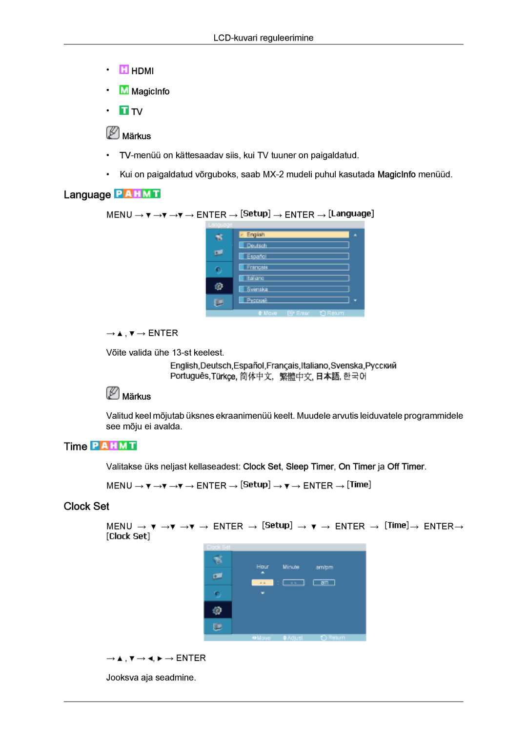 Samsung LH32MGULBC/EN manual Language, Time, Clock Set 