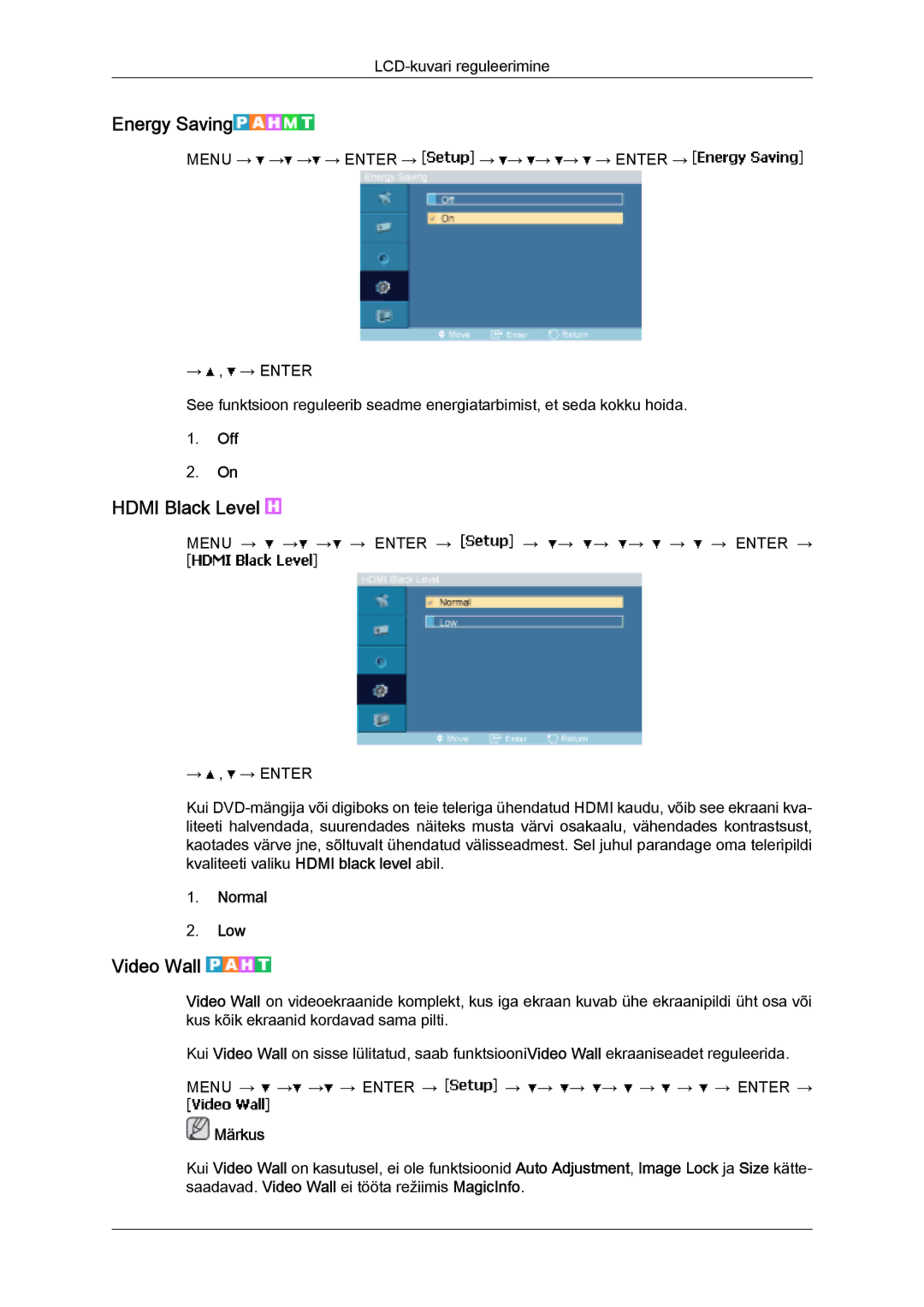 Samsung LH32MGULBC/EN manual Energy Saving, Hdmi Black Level, Video Wall, Normal Low 