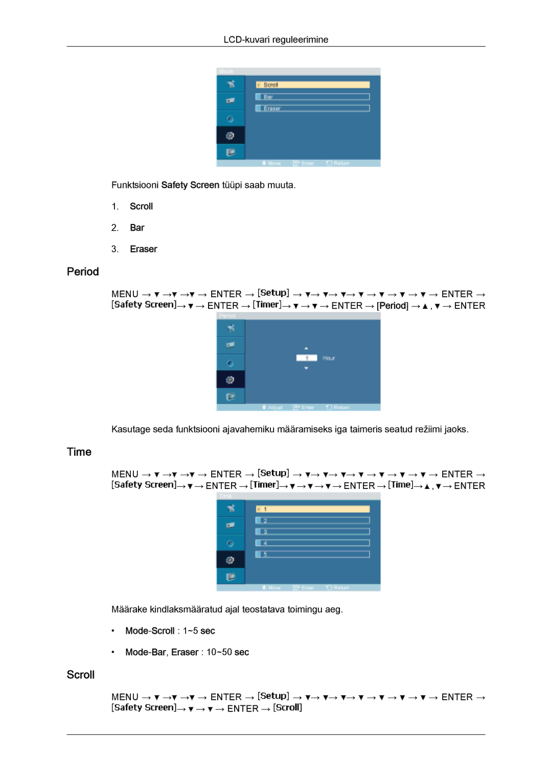 Samsung LH32MGULBC/EN manual Period, Scroll Bar Eraser, Mode-Scroll 1~5 sec Mode-Bar,Eraser 10~50 sec 