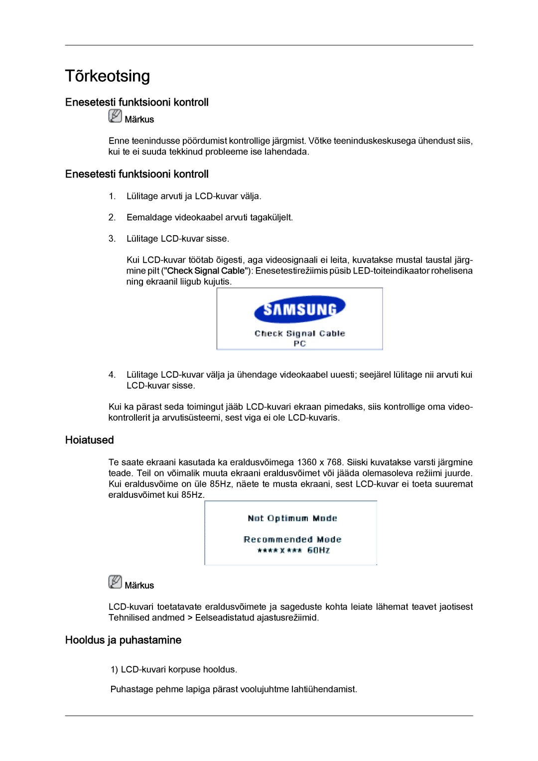 Samsung LH32MGULBC/EN manual Enesetesti funktsiooni kontroll, Hoiatused, Hooldus ja puhastamine 