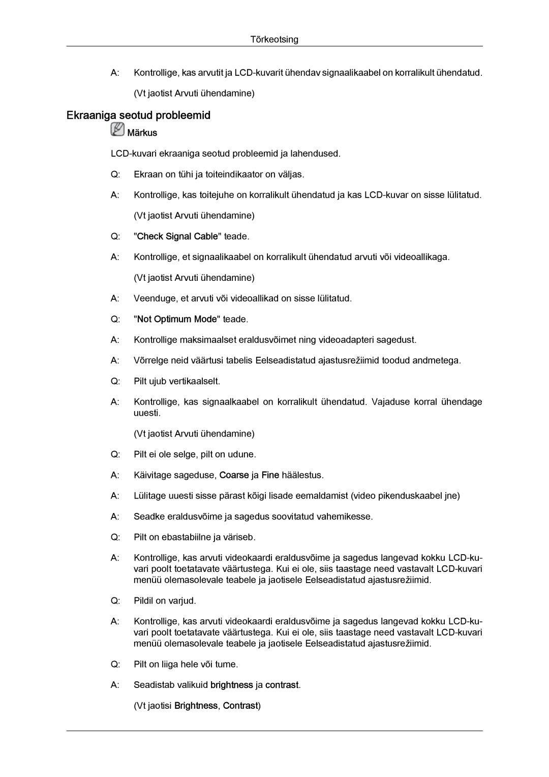 Samsung LH32MGULBC/EN manual Ekraaniga seotud probleemid, Check Signal Cable teade, Not Optimum Mode teade 