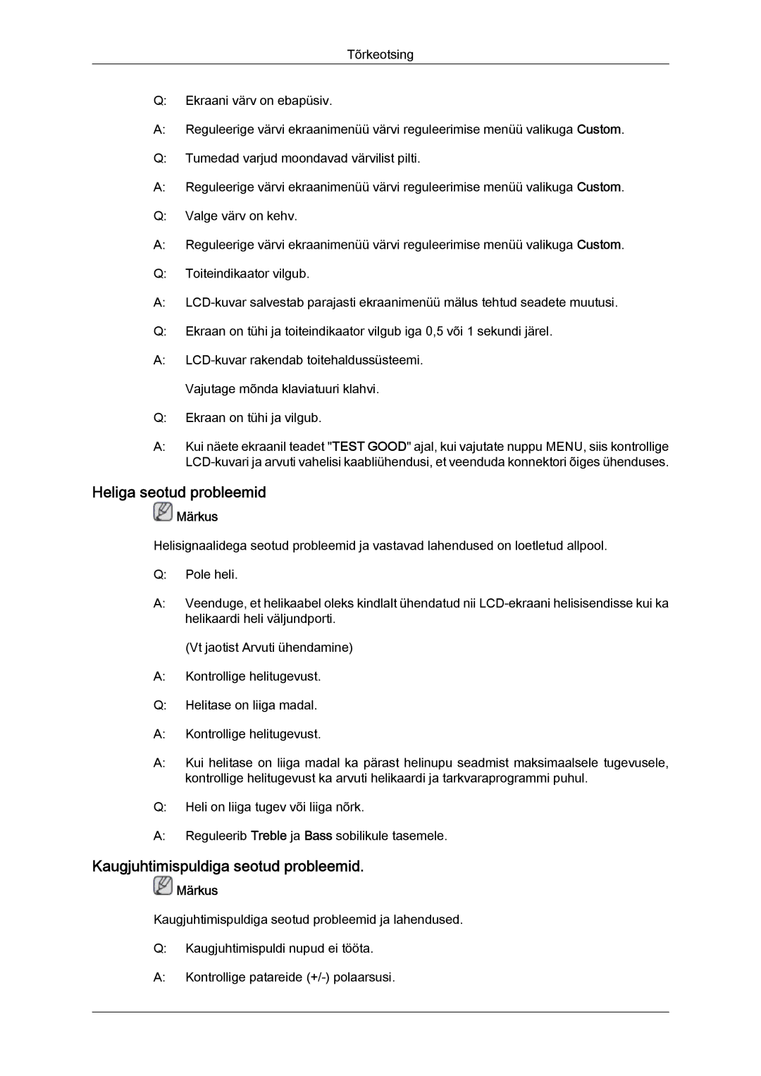 Samsung LH32MGULBC/EN manual Heliga seotud probleemid, Kaugjuhtimispuldiga seotud probleemid 