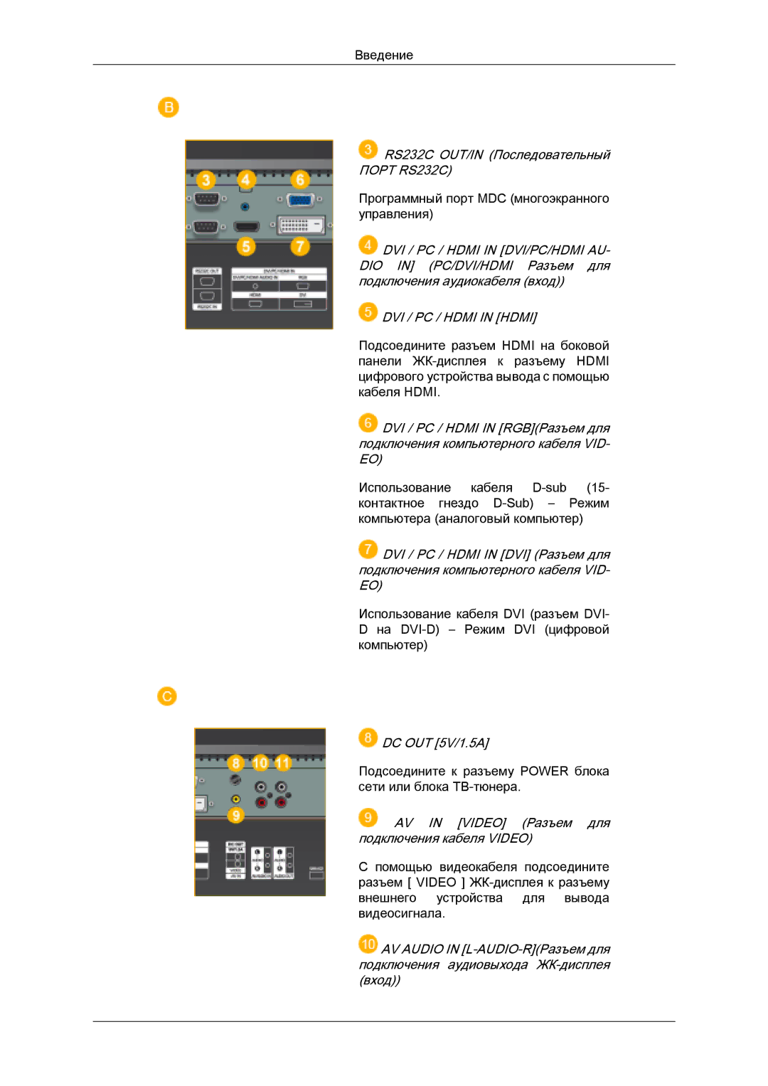 Samsung LH32MGULBC/EN manual DVI / PC / Hdmi in Hdmi, AV in Video Разъем для подключения кабеля Video 