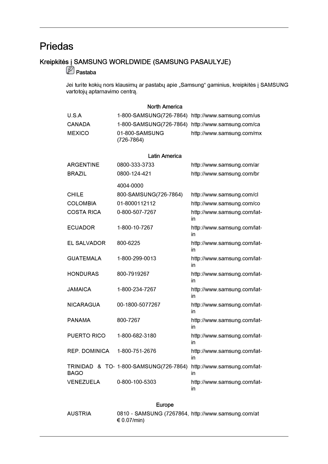 Samsung LH32MGULBC/EN manual Kreipkitės į Samsung Worldwide Samsung Pasaulyje, North America, Latin America, Europe 