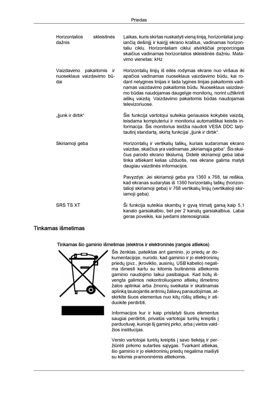 Samsung LH32MGULBC/EN manual Tinkamas išmetimas, Srs Ts Xt 