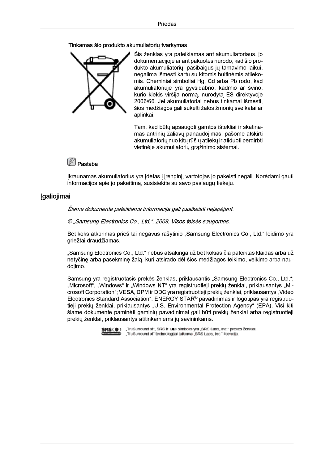 Samsung LH32MGULBC/EN manual Įgaliojimai, Tinkamas šio produkto akumuliatorių tvarkymas 