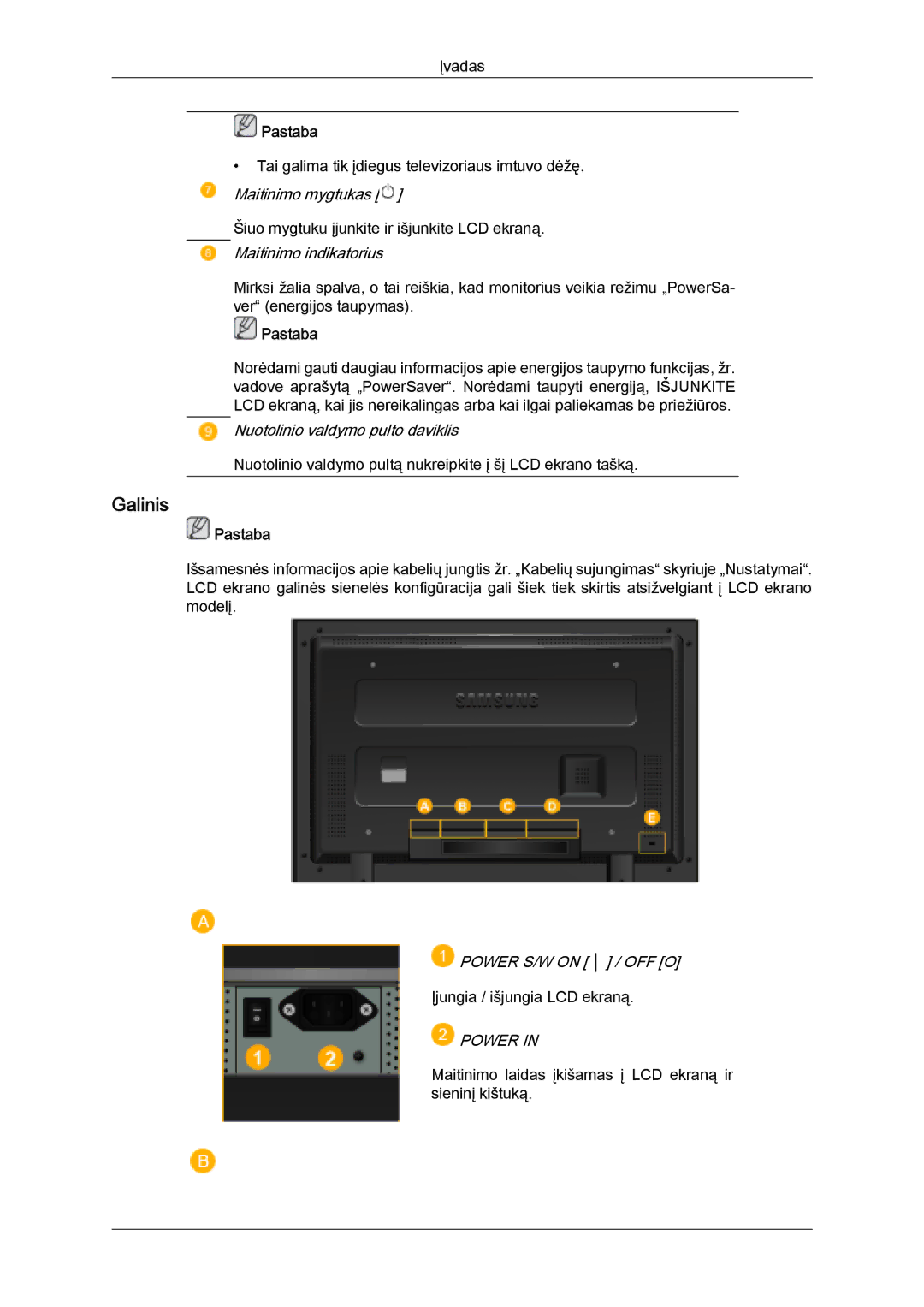 Samsung LH32MGULBC/EN manual Galinis, Maitinimo indikatorius 