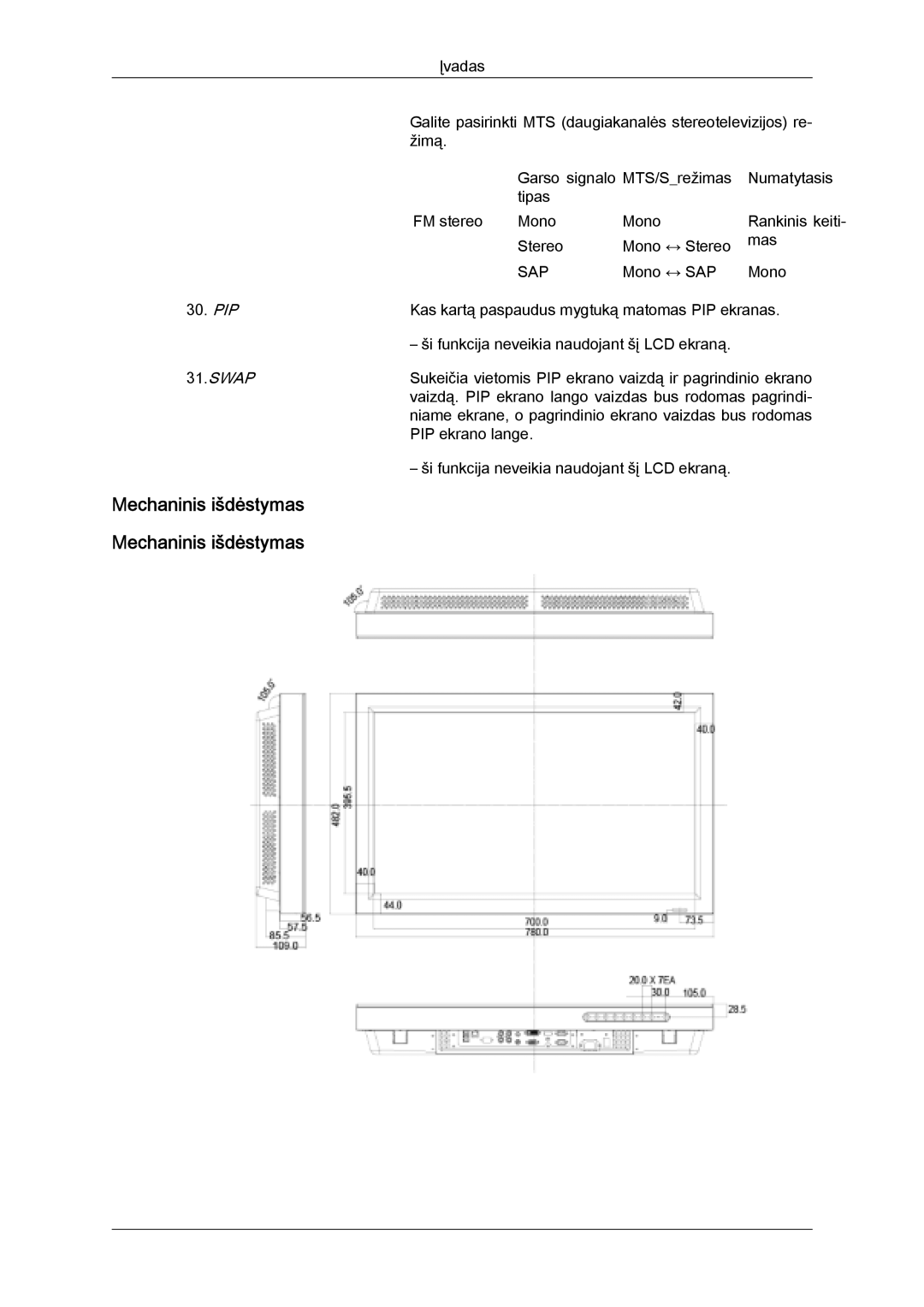 Samsung LH32MGULBC/EN manual Mechaninis išdėstymas, Sap 