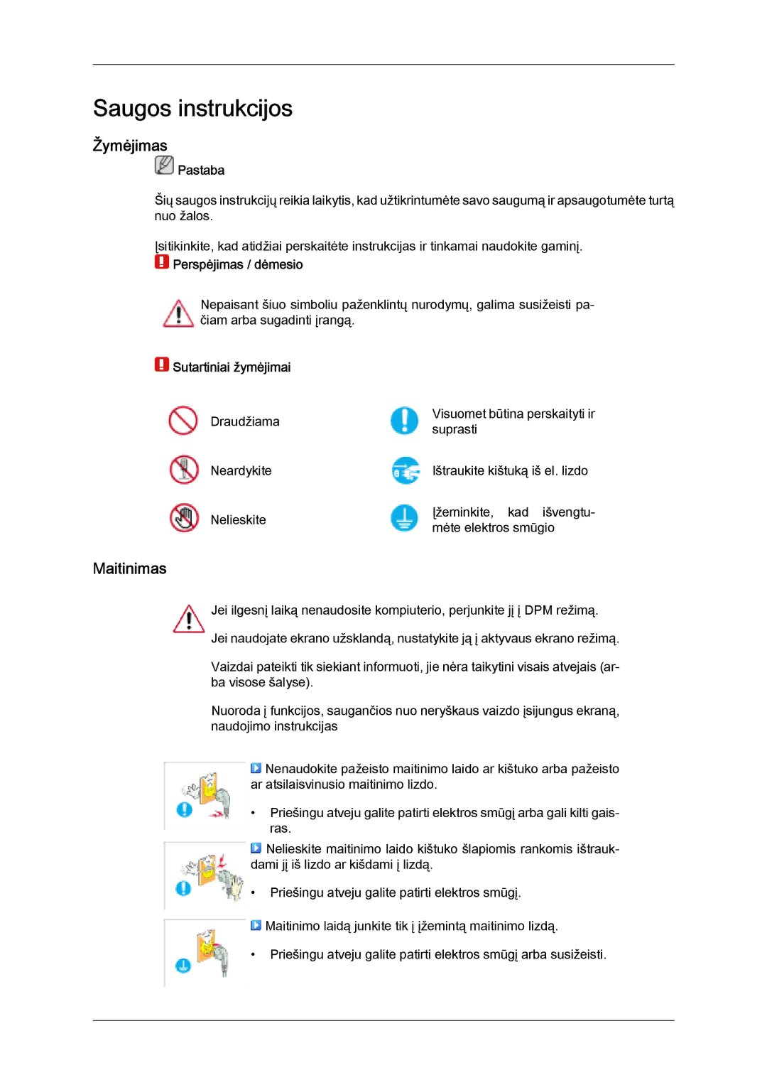 Samsung LH32MGULBC/EN manual Žymėjimas, Maitinimas, Pastaba, Perspėjimas / dėmesio, Sutartiniai žymėjimai 